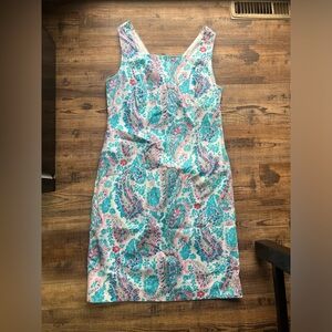 Talbots Fresco Blue Pink Paisley on White Square Neck Dress, Sz 10